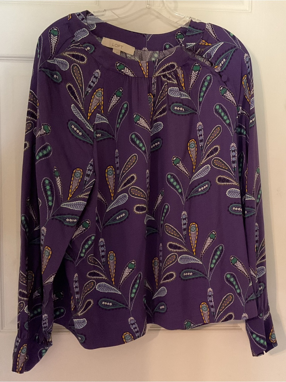 LOFT Purple Floral-Feather Print Long Sleeve Blouse